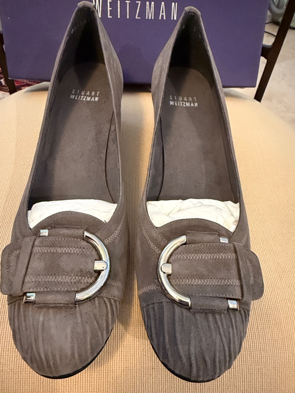 Stuart Weitzman Gray Suede Buckle Flats with Silver Hardware
